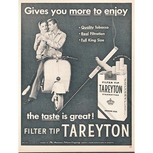 1956 Tareyton Cigarettes Vintage Print Ad Vespa Type Scooter More to Enjoy 50s